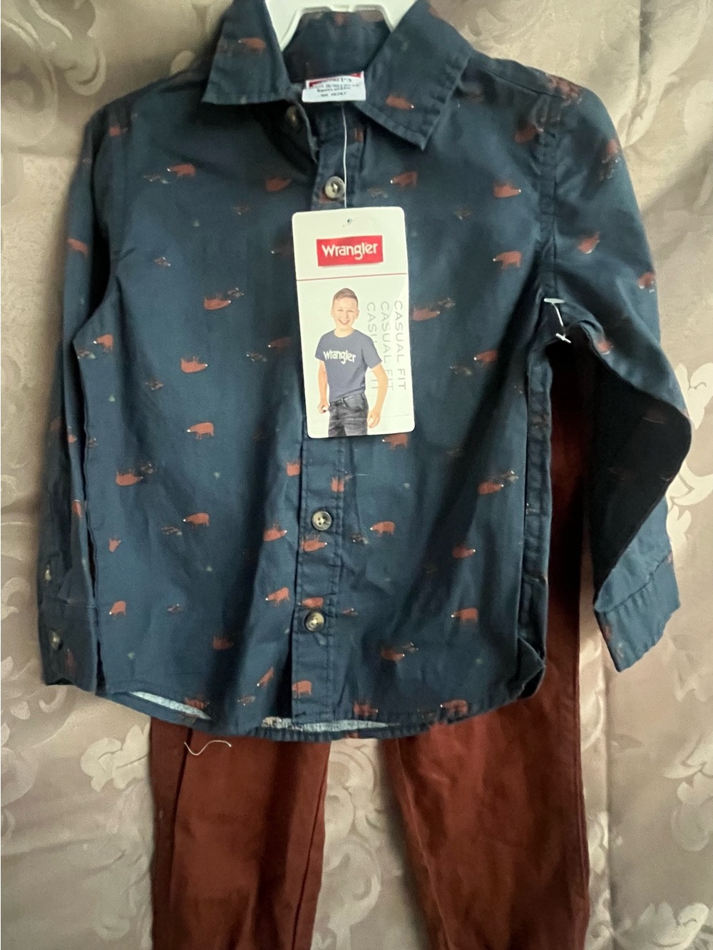 Wrangler Navy Button-Down Shirt with Rust Animal Print and Pants